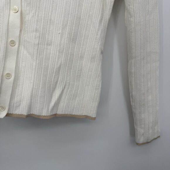 Theory Open Knit White & Tan Cardigan Top Preppy Designer Size Medium - Picture 6 of 10